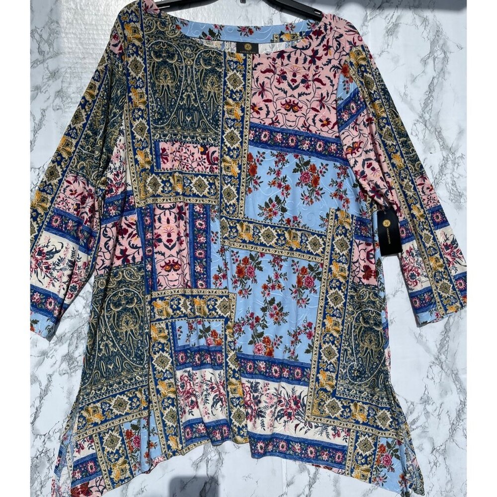 JM Collection Floral Patchwork Tunic Top With 3/4 Sleeves & Asymmetrical Hem XXL